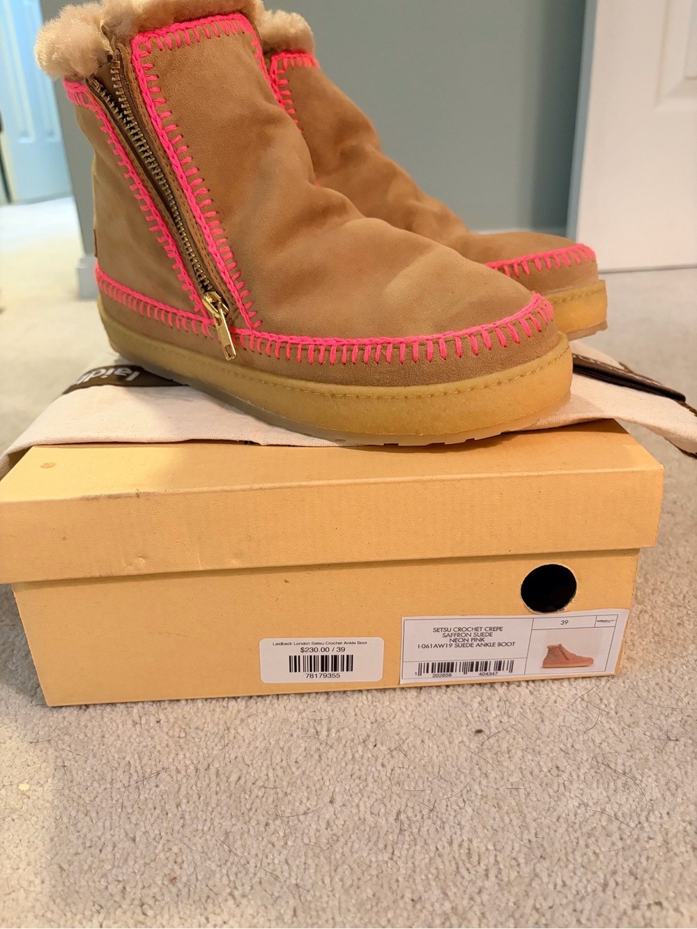 Women's Tan Suede Ankle Booties with Pink Stitch Trim